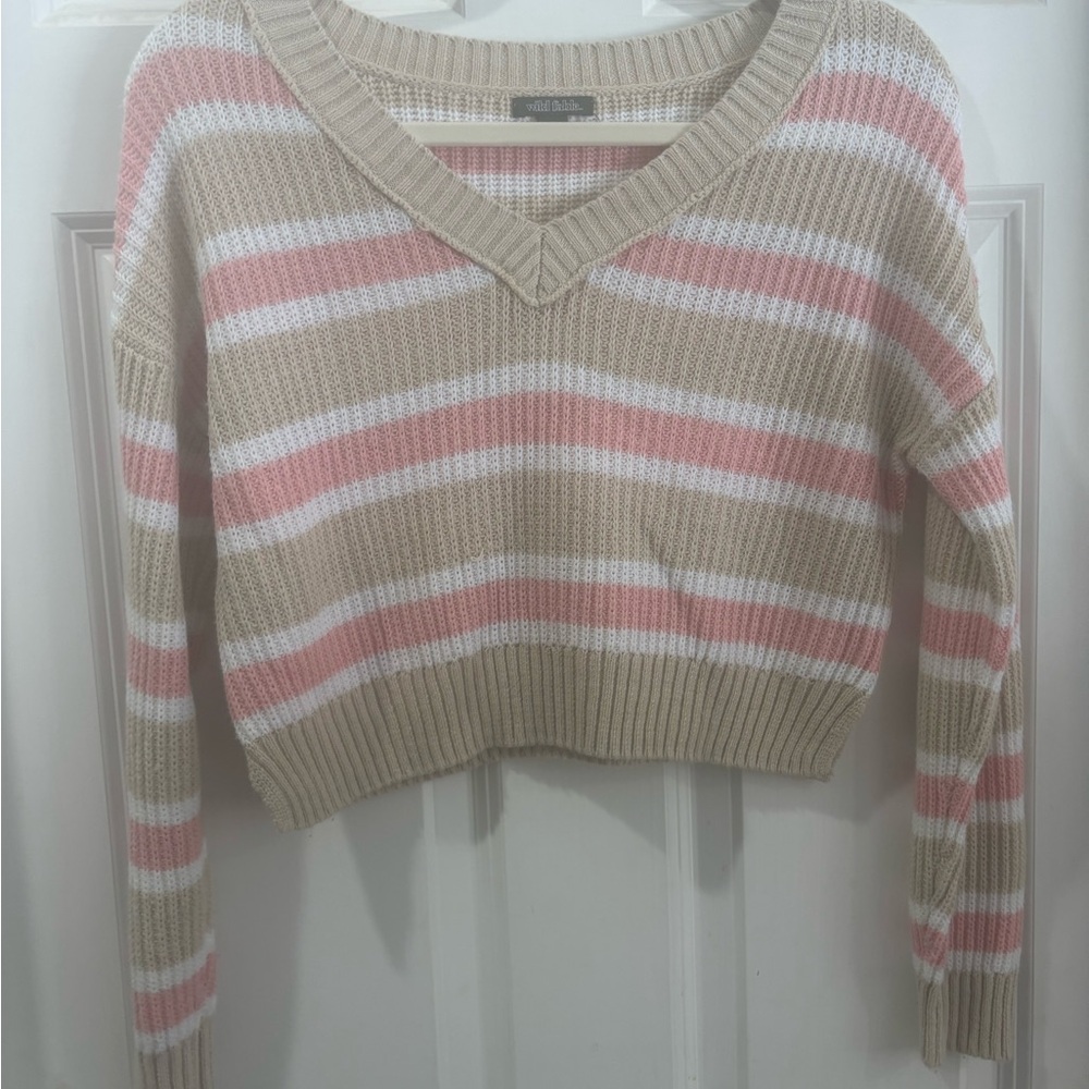 Cream and Pink Cropped V-Neck Sweater